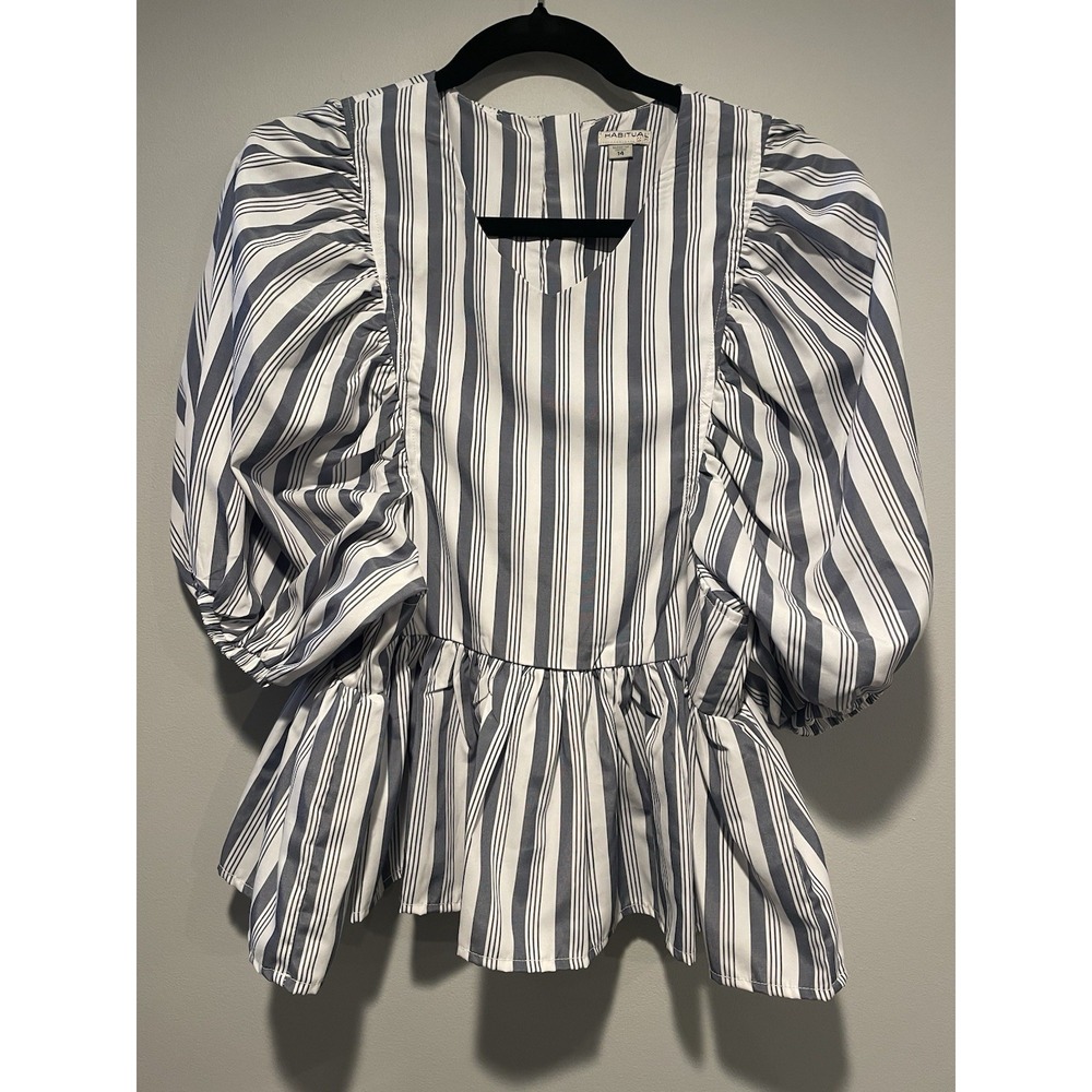 Habitual Girl Top Size 14 Balloon Sleeve Blue White Stripes Blouse Shirt NEW